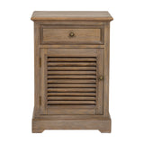 Hill Interiors brown wood bedside cabinet with a single top drawer above a left hand louvred door, brass knobs, on a plain white background.