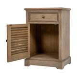 Hill Interiors brown wood bedside chest with a single top drawer and open left-hand louvred door revealing empty interior storage, on a white background.