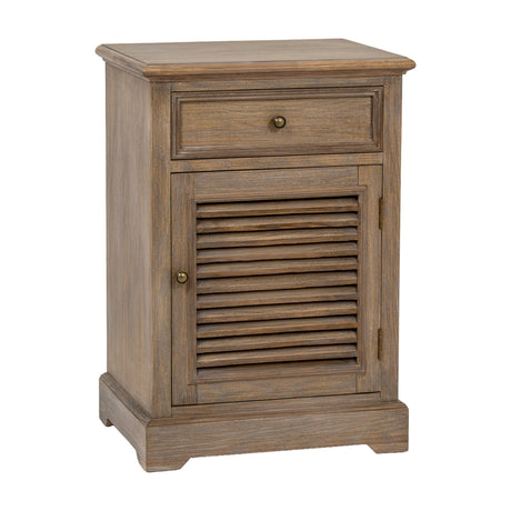 Hill Interiors Wooden Louvred One-Door Chest in brown with a top drawer, louvred cabinet door and brass knobs, shown on a plain white background.