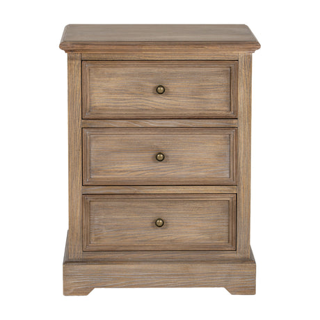 Hill Interiors Wooden Three-Drawer Chest in warm brown with visible grain, small round brass knobs and a plinth base, shown on a plain white background.