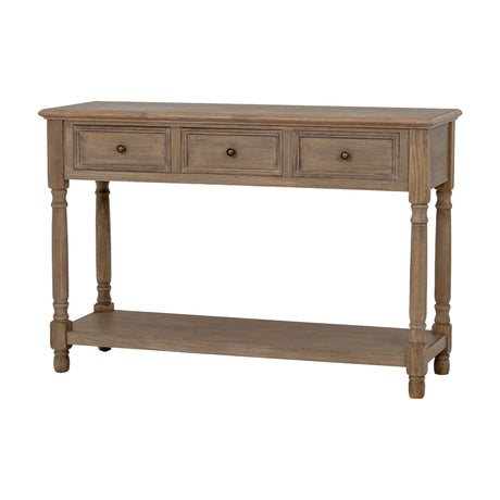 Hill Interiors Wooden Three-Drawer Console Table in brown, with turned legs, brass knobs and a lower shelf, shown against a plain white background.