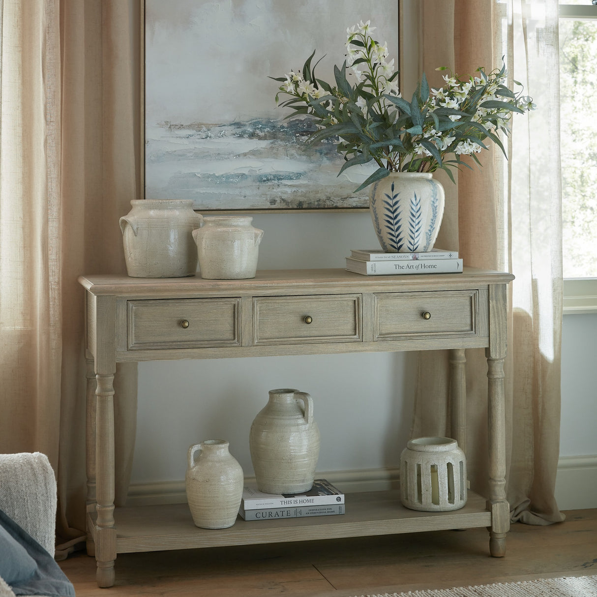 Wooden Three-Drawer Console Table with Shelf – Brown
