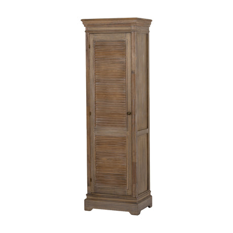 Hill Interiors 1 Door Tall Cabinet in brown wood with louvred door panels, small round knob and plinth base, shown against a plain white background.