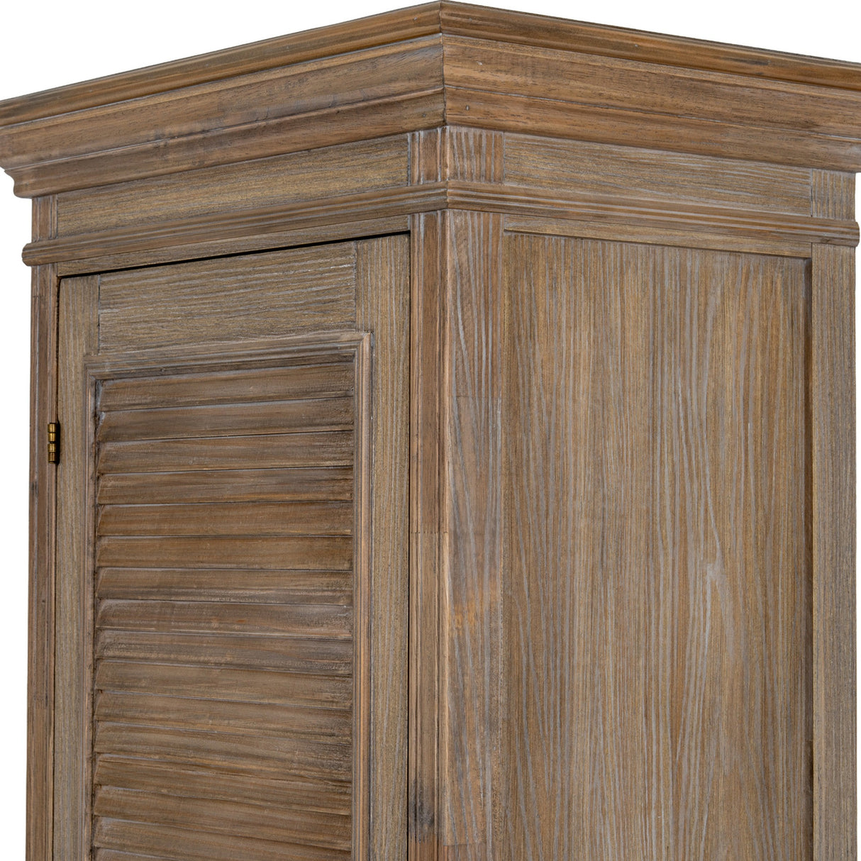 Close-up of Hill Interiors 1 Door Tall Cabinet showing the brown wood grain, louvred door detail, brass hinge and moulded cornice at the top.