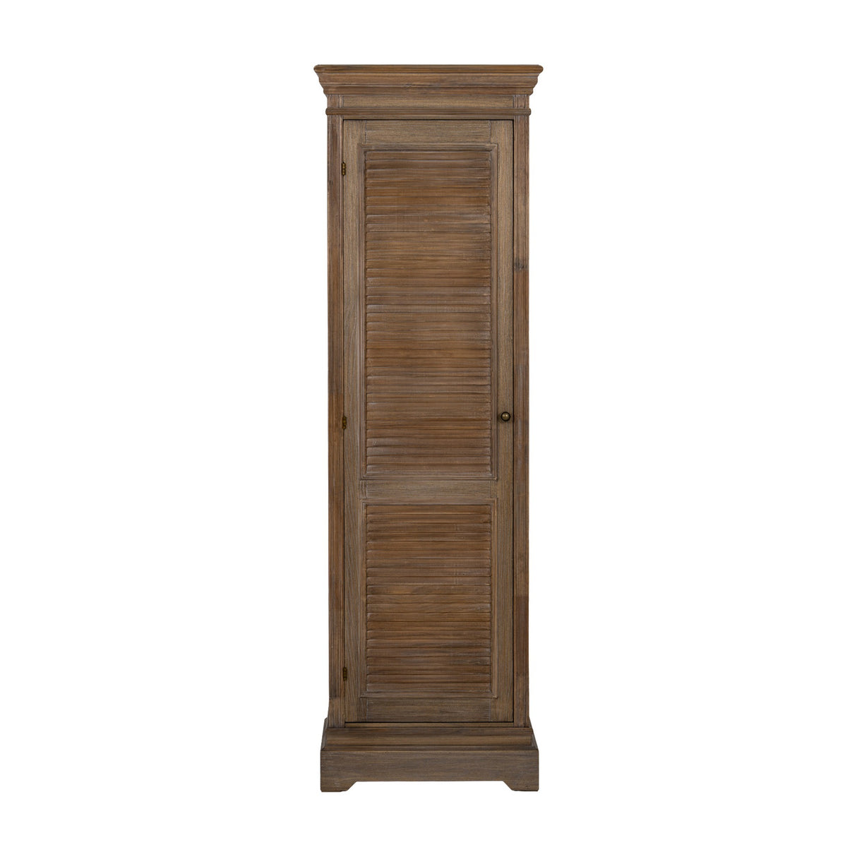 Hill Interiors 1 Door Tall Cabinet in brown wood with louvred door panels, brass knob and plinth base, shown against a plain white background.