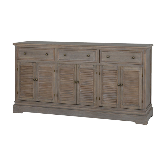 Hill Interiors 6 Door 3 Drawer Large Wooden Dresser Base in brown, with louvred cabinet doors and round knobs, shown on a plain white background.