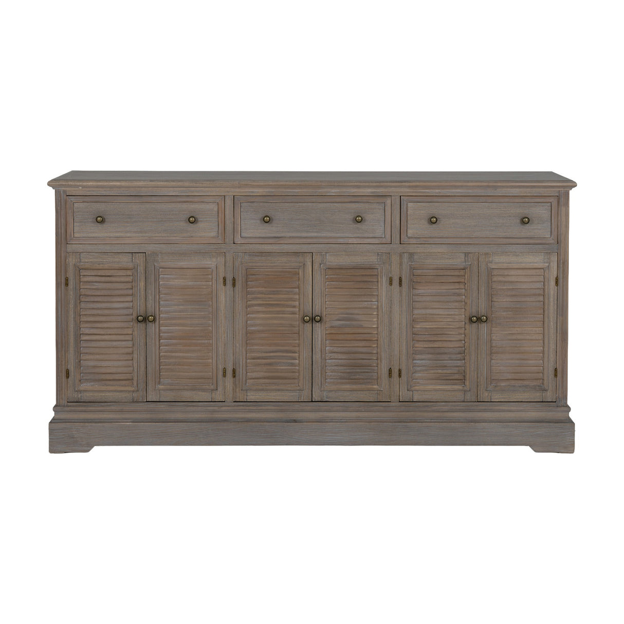 Hill Interiors 6 Door 3 Drawer Large Wooden Dresser Base in brown, with louvred doors, round knobs and three top drawers, shown on a white background.