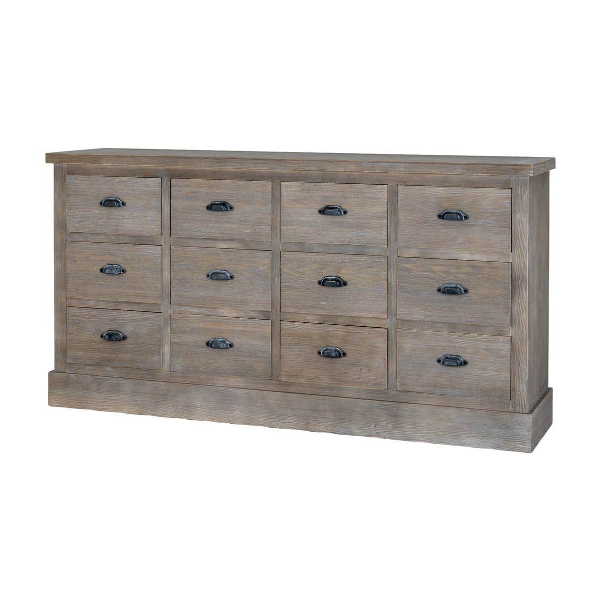 Hill Interiors 12 Drawer Wooden Chest of Drawers in brown with visible grain, twelve drawers in three rows, cup handles, and a plinth base.