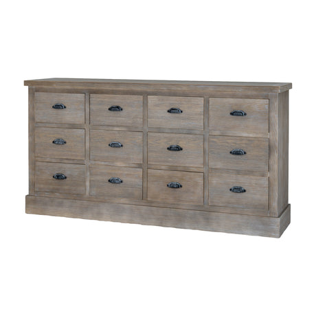 Hill Interiors 12 Drawer Wooden Chest of Drawers in brown with visible grain, twelve drawers in three rows, cup handles, and a plinth base.
