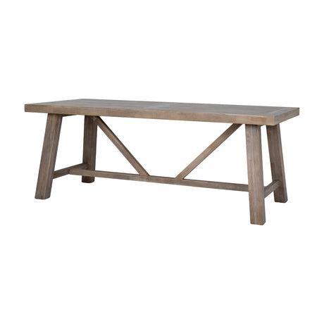 Hill Interiors large wooden dining table in brown with a rectangular plank top and A-frame trestle base with cross stretcher, on a white background.