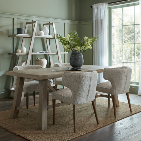 Hill Interiors Large Wooden Dining Table in brown solid timber, styled with upholstered chairs and a dark vase in a sage green dining room.