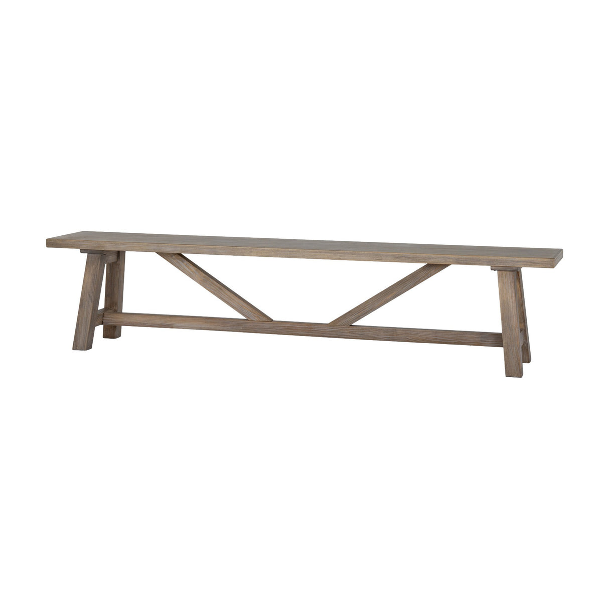 Hill Interiors Large Wooden Dining Bench in brown solid wood with A-frame trestle legs and a central cross brace, shown on a plain white background.
