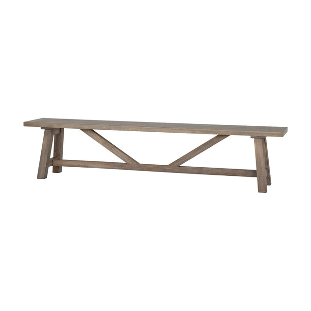 Hill Interiors Large Wooden Dining Bench in brown solid wood with A-frame trestle legs and a central cross brace, shown on a plain white background.