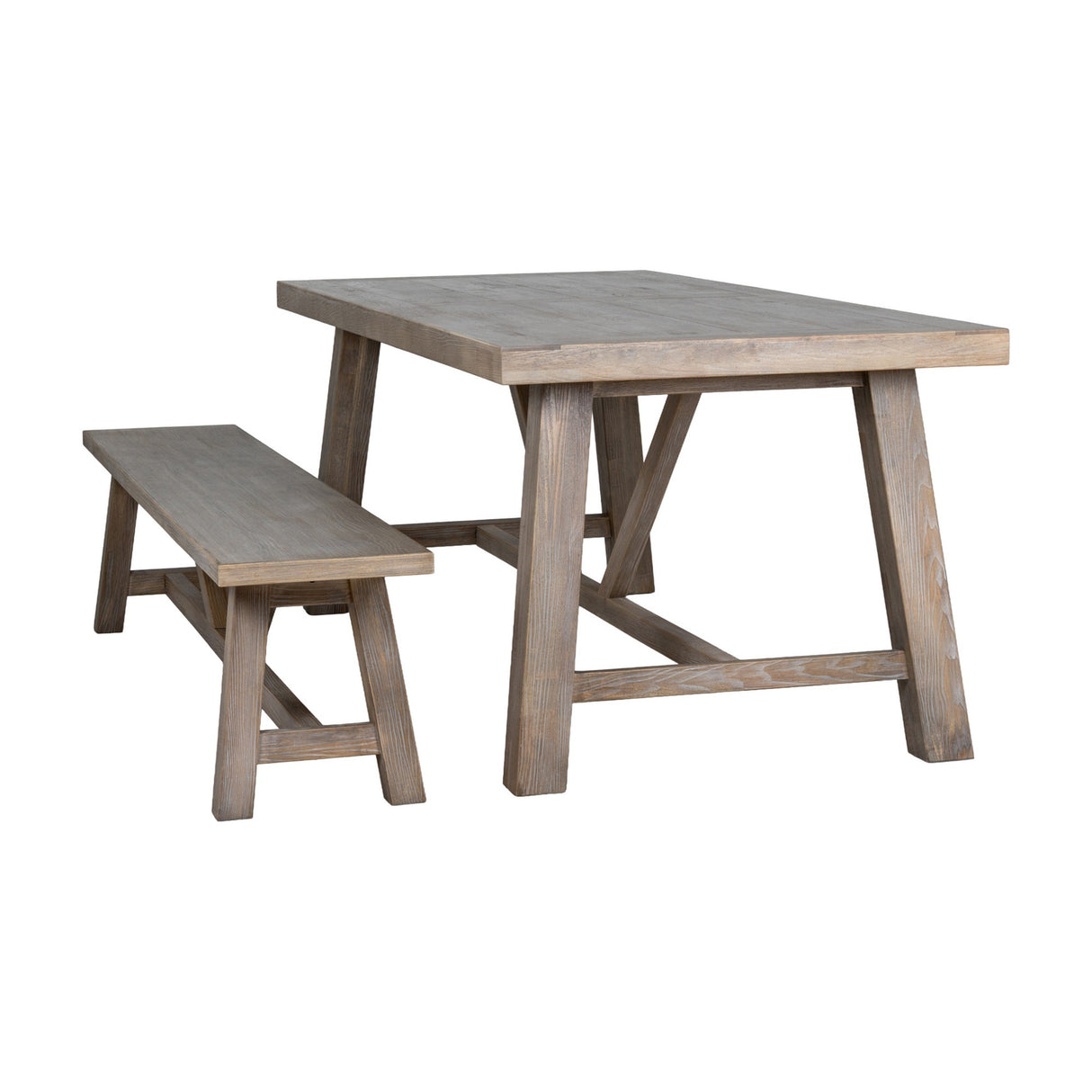 Hill Interiors Large Wooden Dining Bench in brown, shown alongside a matching trestle-style wooden dining table on a plain white background.