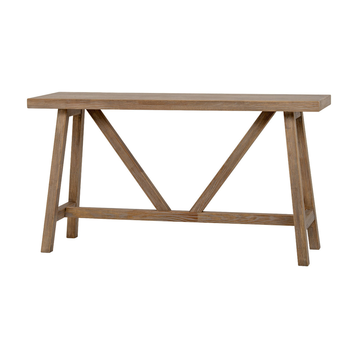 Hill Interiors Wooden Console Table in brown with a plank top, angled trestle legs and V-shaped braces, shown against a plain white background.