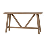 Hill Interiors Wooden Console Table in brown with a plank top, angled trestle legs and V-shaped braces, shown against a plain white background.