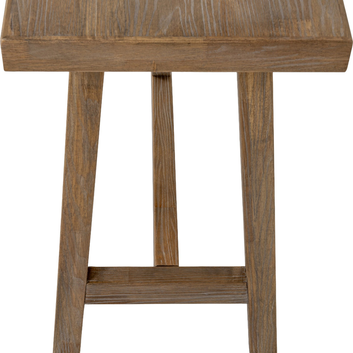 Close-up of Hill Interiors Wooden Console Table in brown, showing the tapered legs, lower stretcher and grained timber edge of the top.