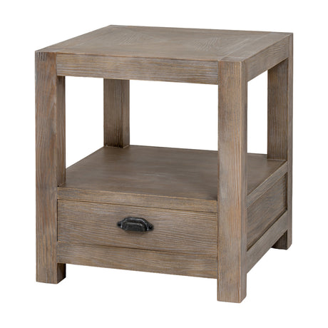 Hill Interiors wooden one-drawer side table in brown with open lower shelf and dark metal cup handle, shown on a plain white background.