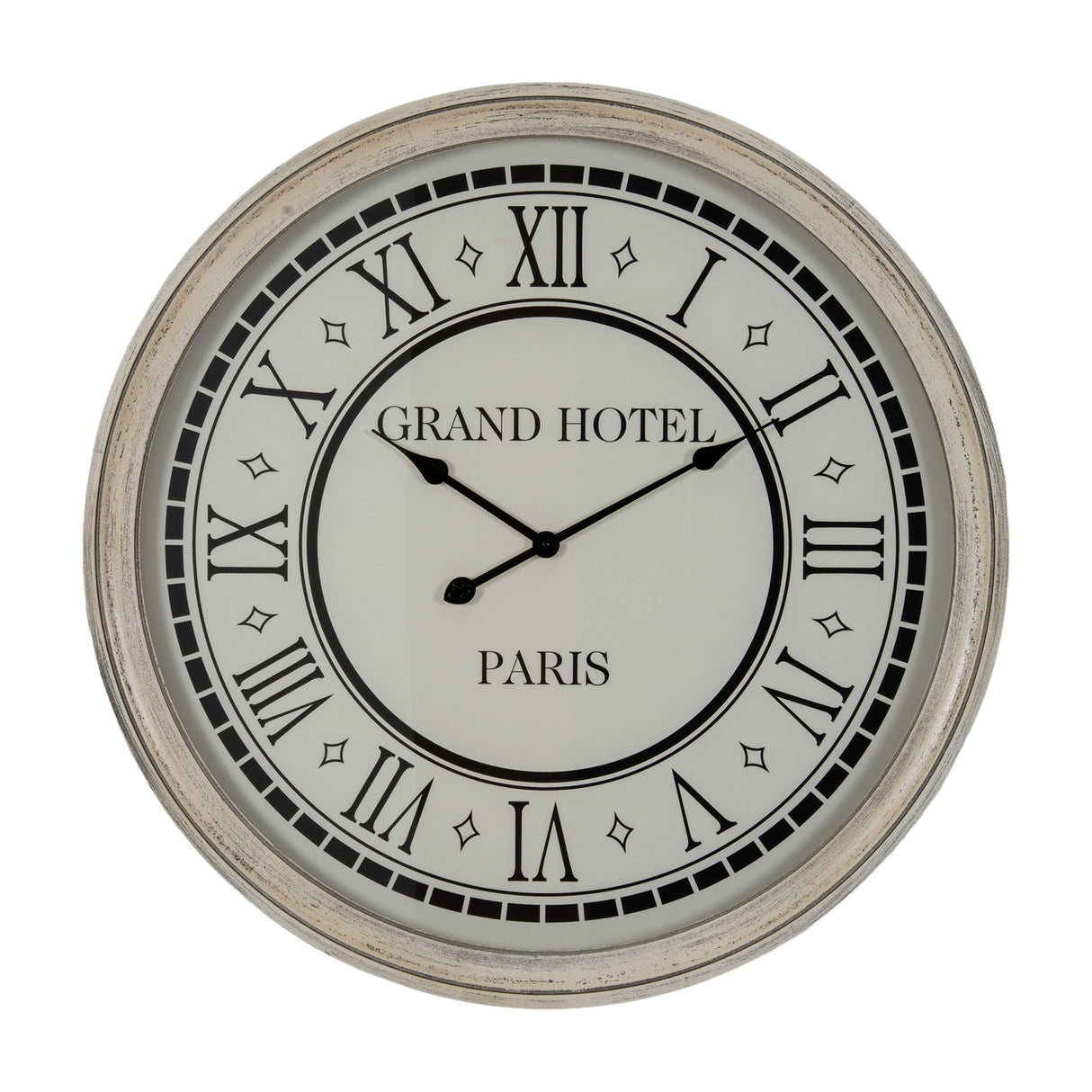 Hill Interiors Large Round Wall Clock with grey wooden frame, glass face, Roman numerals and Grand Hotel Paris lettering on a white background.