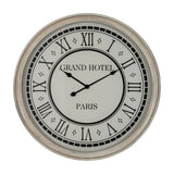 Hill Interiors Large Round Wall Clock with grey wooden frame, glass face, Roman numerals and Grand Hotel Paris lettering on a white background.