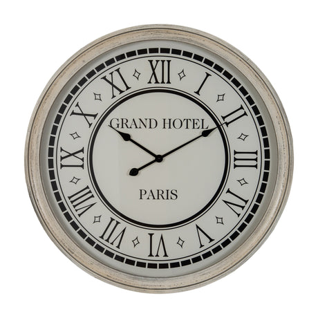 Hill Interiors Large Round Wall Clock with grey wooden frame, glass face, Roman numerals and Grand Hotel Paris lettering on a white background.