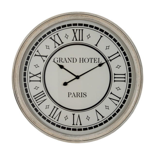 Hill Interiors Large Round Wall Clock with grey wooden frame, glass face, Roman numerals and Grand Hotel Paris lettering on a white background.
