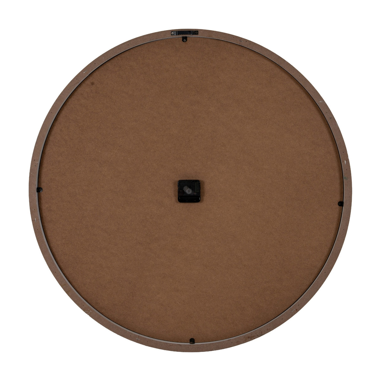 Rear view of Hill Interiors Large Round Wall Clock showing brown MDF backing, quartz movement box, and grey wooden frame on a white background.