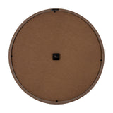 Rear view of Hill Interiors Large Round Wall Clock showing brown MDF backing, quartz movement box, and grey wooden frame on a white background.