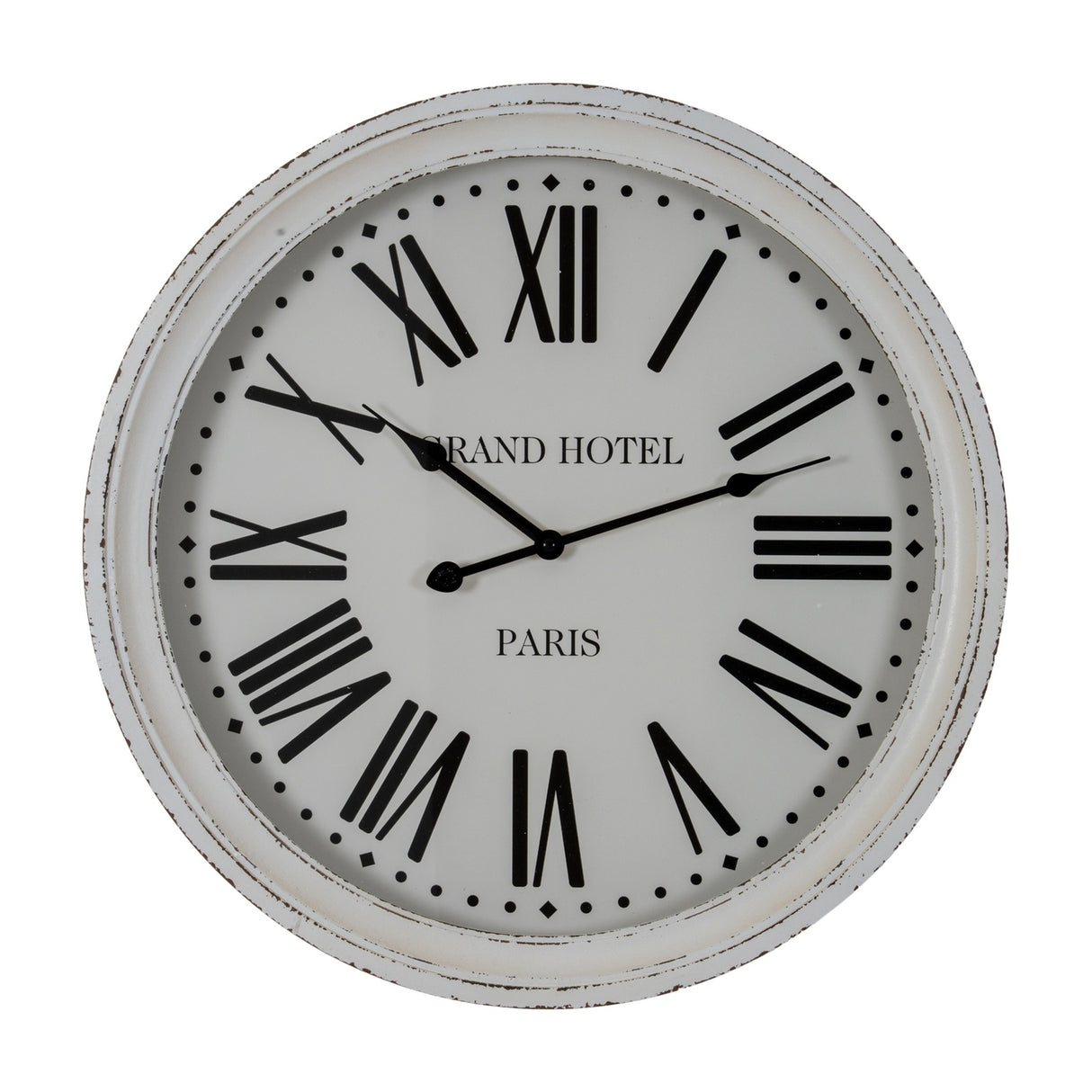 Hill Interiors Round Glass-Fronted Wall Clock in white with distressed wooden frame, black Roman numerals and "Grand Hotel Paris" text, on a white background.