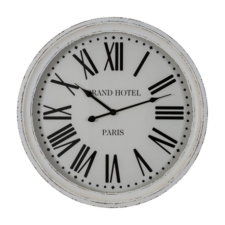 Hill Interiors Round Glass-Fronted Wall Clock in white with distressed wooden frame, black Roman numerals and "Grand Hotel Paris" text, on a white background.
