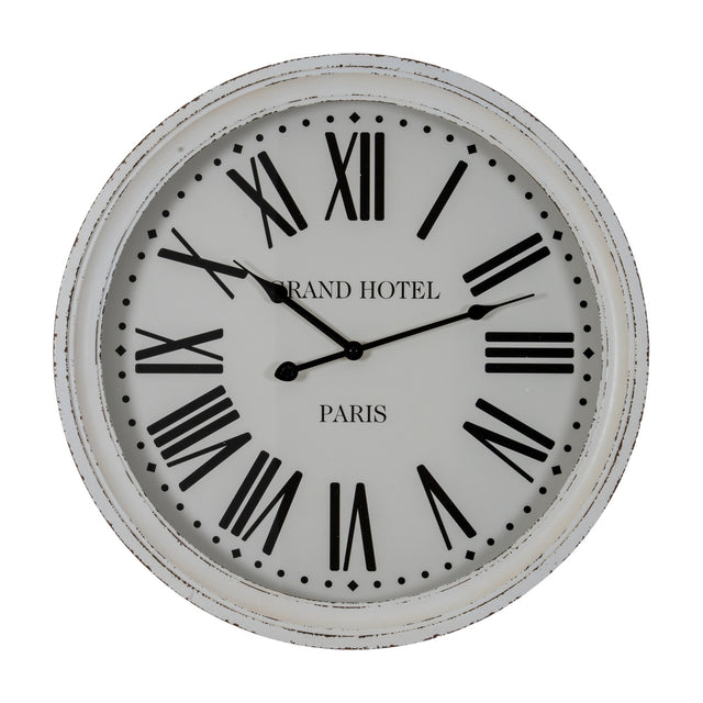 Hill Interiors Round Glass-Fronted Wall Clock in white with distressed wooden frame, black Roman numerals and "Grand Hotel Paris" text, on a white background.