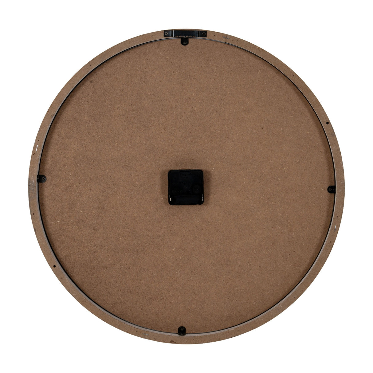 Rear view of the Hill Interiors Round Glass-Fronted Wall Clock in white, showing the wooden backing, central quartz movement housing and mounting fixings.