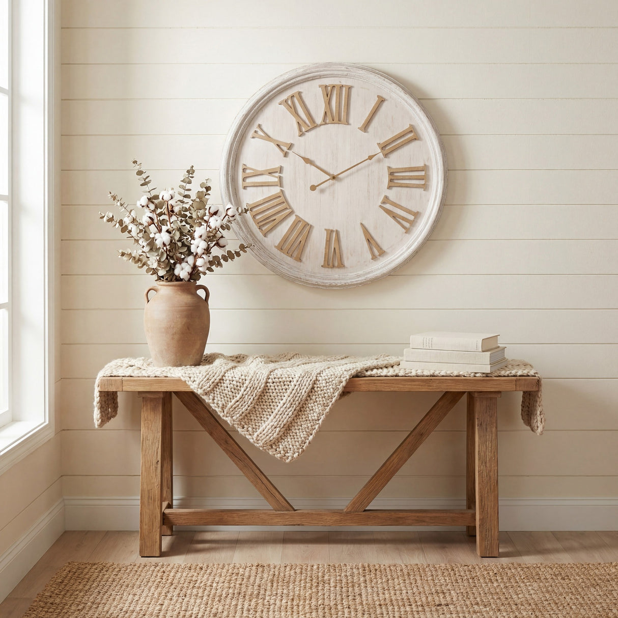 Hill Interiors White Wash Wooden Wall Clock with raised Roman numerals above a rustic wooden bench styled with cotton stems and books.