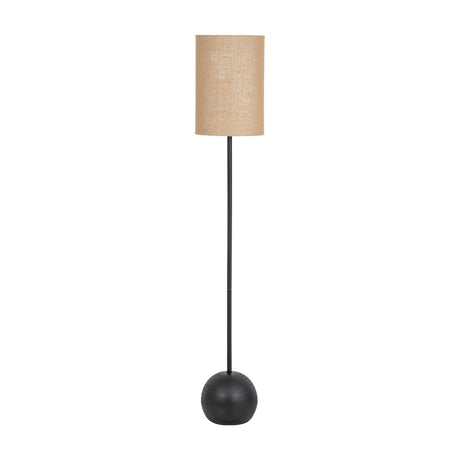 Hill Interiors Black Cannon Floor Lamp with tall matt black metal stem, spherical textured base, and cylindrical hessian shade on a white background.