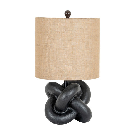 Hill Interiors Black Knot Table Lamp with matte black metal knotted base, natural hessian drum shade and dark finial, on a plain white background.