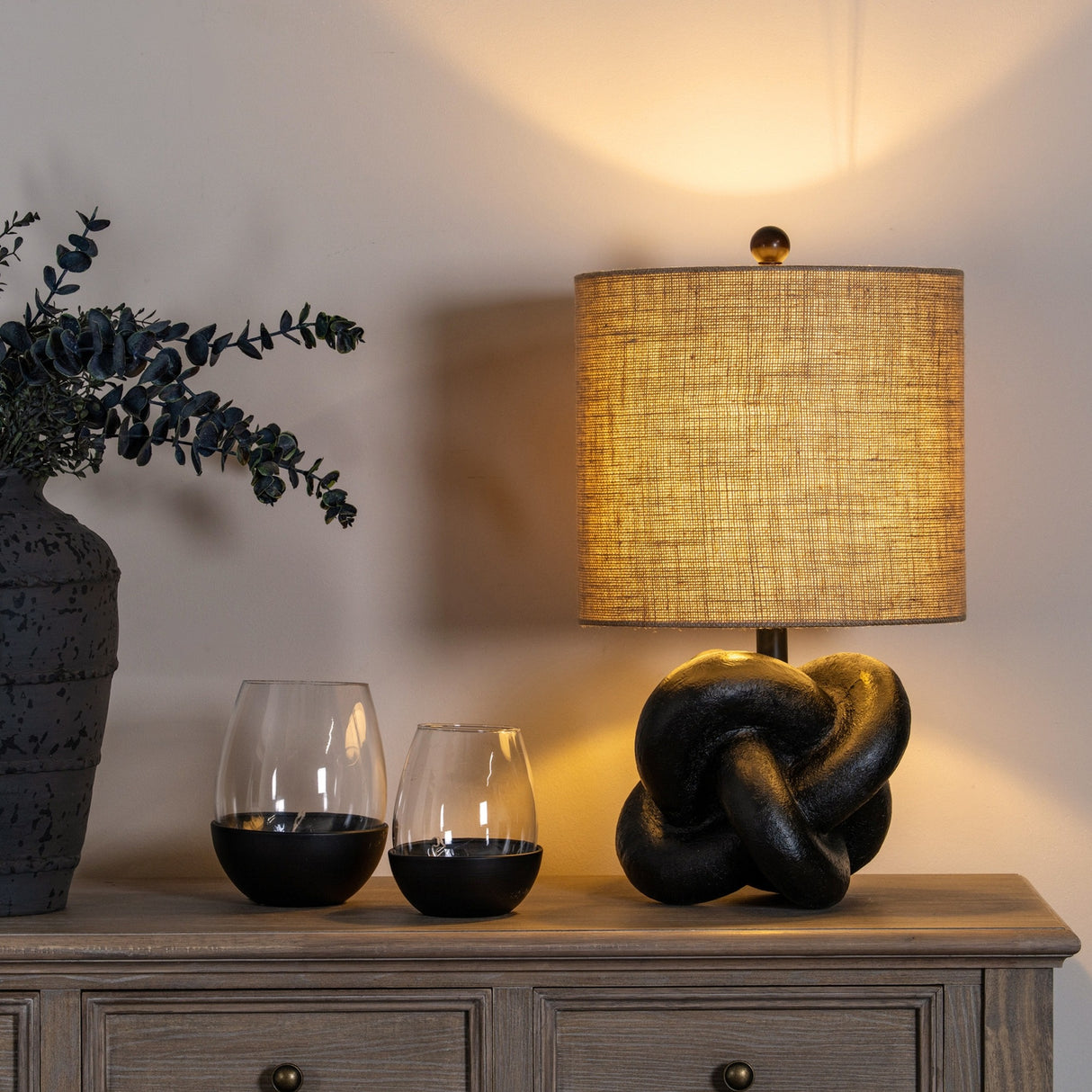 Black Knot Table Lamp with Hessian Shade – Black