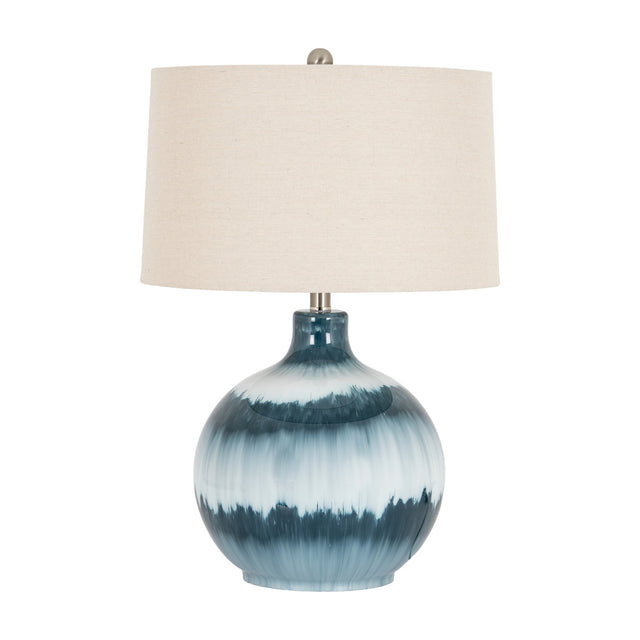 Hill Interiors Glass Table Lamp with rounded rippled blue glass base and natural linen drum shade on a plain white background.