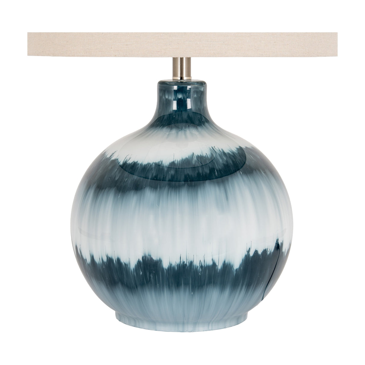 Hill Interiors glass table lamp with rounded rippled blue moulded base and natural linen shade, shown on a plain white background.