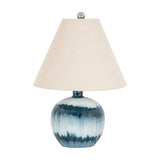 Hill Interiors Squat Glass Table Lamp with rounded blue glass base and natural linen conical shade, shown on a plain white background.