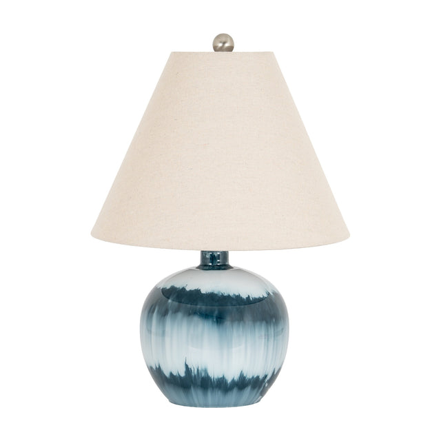 Hill Interiors Squat Glass Table Lamp with rounded blue glass base and natural linen conical shade, shown on a plain white background.