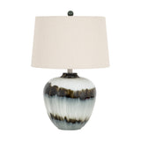 Hill Interiors table lamp with a rounded black and white glazed glass base and tapered natural linen shade, shown on a plain white background.