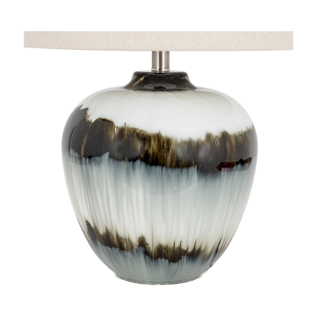 Hill Interiors Table Lamp with glass base in black and white drip finish, topped with a natural linen shade, shown on a plain white background.