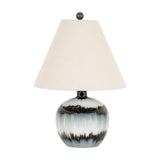 Hill Interiors Squat Glass Table Lamp with rounded black glass base, natural linen conical shade and dark finial, on a plain white background.