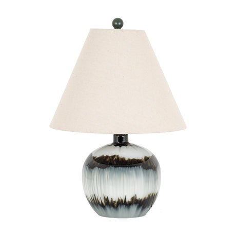 Hill Interiors Squat Glass Table Lamp with rounded black glass base, natural linen conical shade and dark finial, on a plain white background.