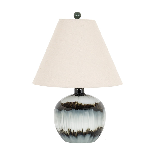 Hill Interiors Squat Glass Table Lamp with rounded black glass base, natural linen conical shade and dark finial, on a plain white background.