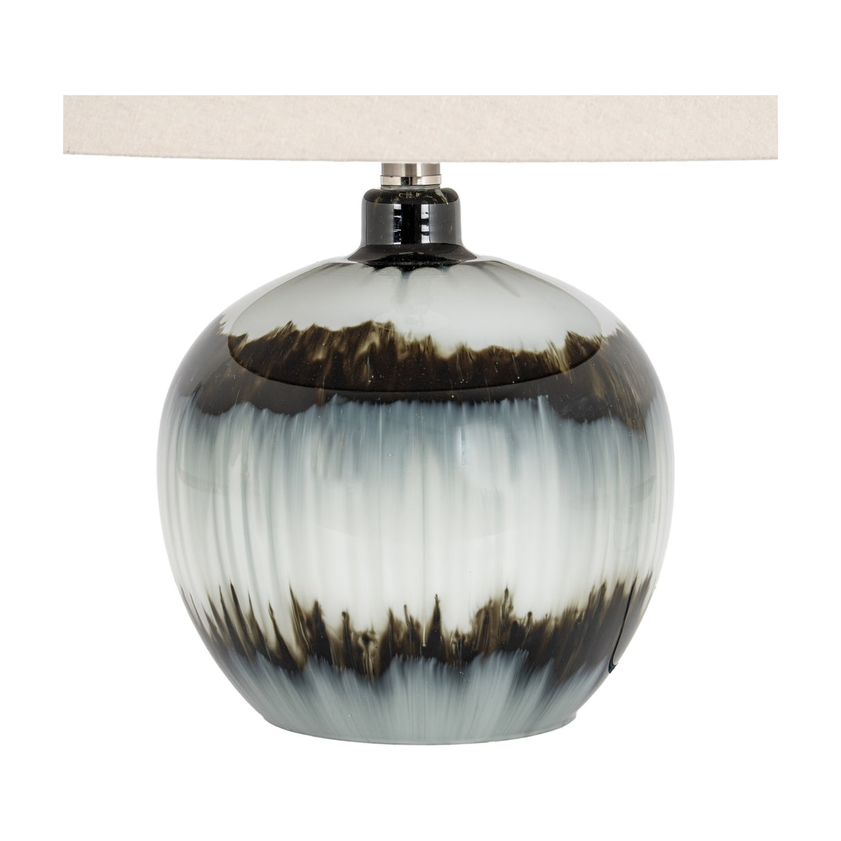 Hill Interiors squat table lamp with a rounded black glass base featuring white and brown drip glaze, topped with a natural linen shade.