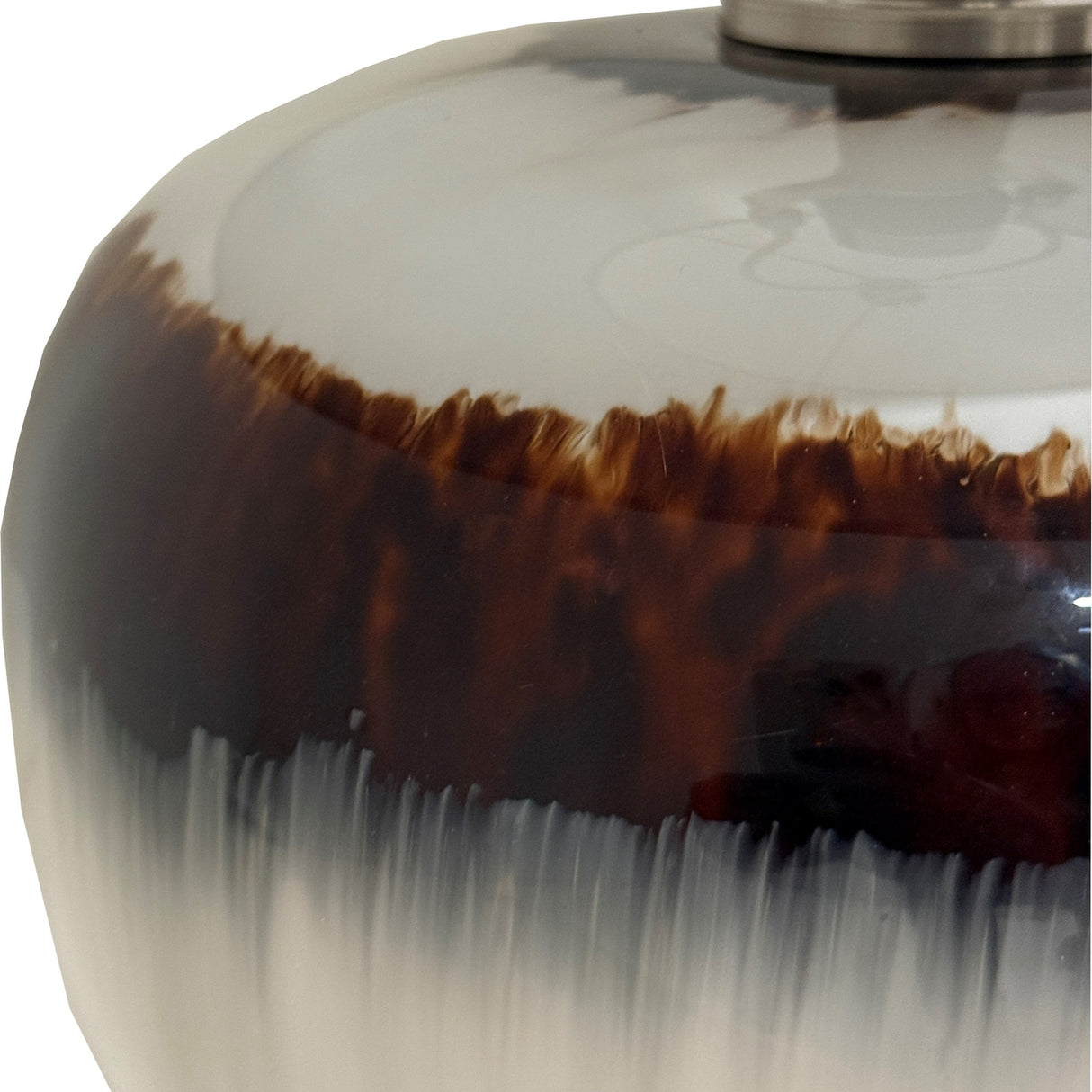 Close-up of the Hill Interiors Squat Table Lamp's rounded metal base showing a glossy brown sepia-toned finish with drip detailing and a brushed metal fitting.