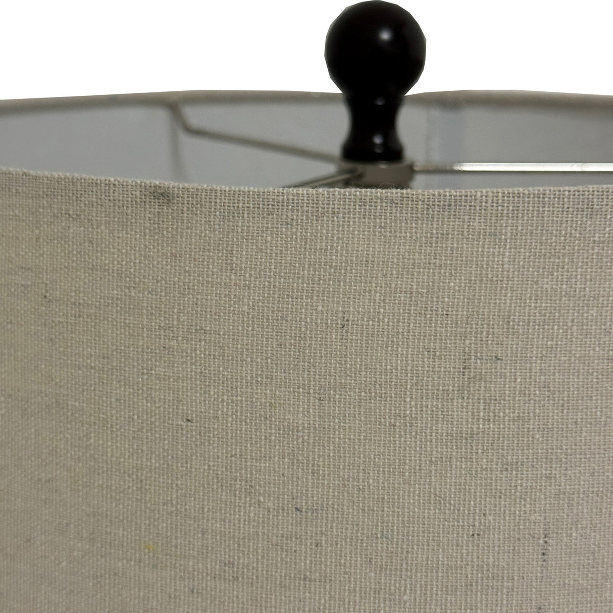 Close-up of the Hill Interiors Squat Table Lamp showing the natural linen shade and black rounded metal finial against a white background.