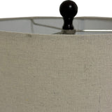 Close-up of the Hill Interiors Squat Table Lamp showing the natural linen shade and black rounded metal finial against a white background.