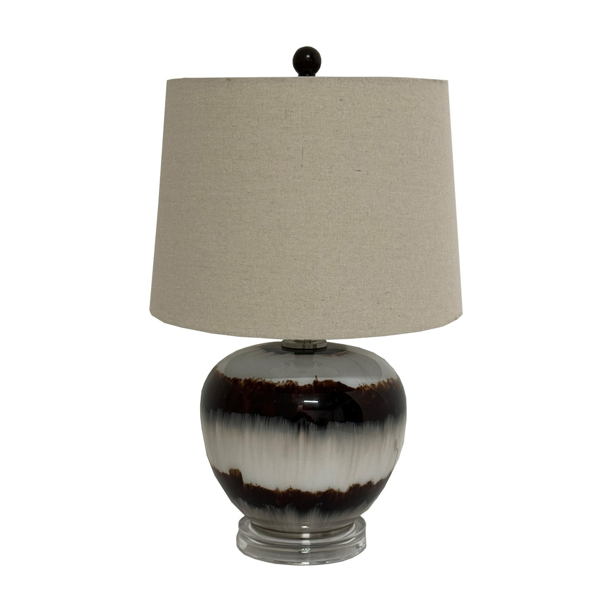 Hill Interiors Squat Table Lamp with rounded brown sepia-toned metal base, drip glaze detail and natural linen drum shade on a plain white background.